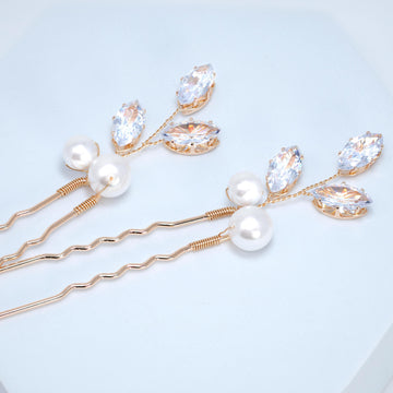 CZ Sparkling Leaves In Pearly Garden Set of 2 Hair Pins , Swarovski Hair pins Set, Bridal Hair Accessories, Pearl hair pins, Gift For Her